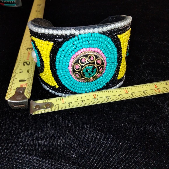 Iris Apfel & Bajalia Beaded Turquoise Yellow & Black Embellished Cuff Bracelet - Picture 3 of 11